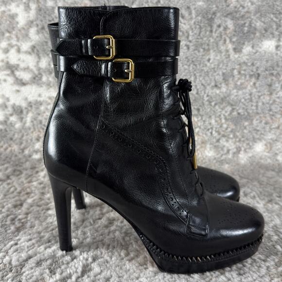 BURBERRY Size 39EU 9US Black Leather Brogue Manners 100 Platform Boots Buckle - Picture 3 of 8